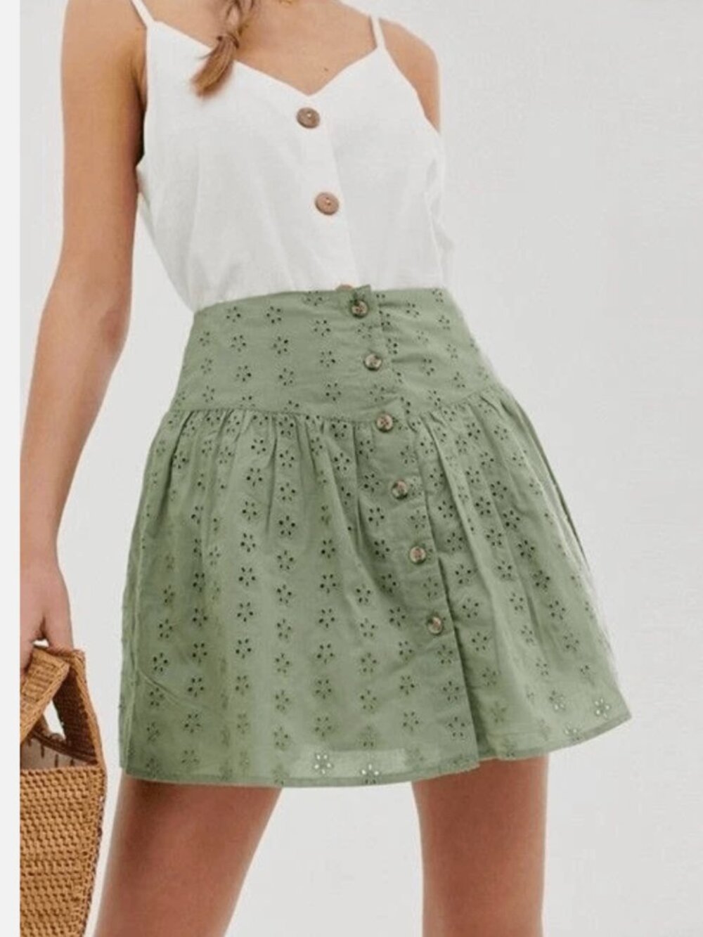 ASOS Design WHITE Button Front Eyelet Mini Skirt Sz 6 Coquette Western Boho - Picture 10 of 10